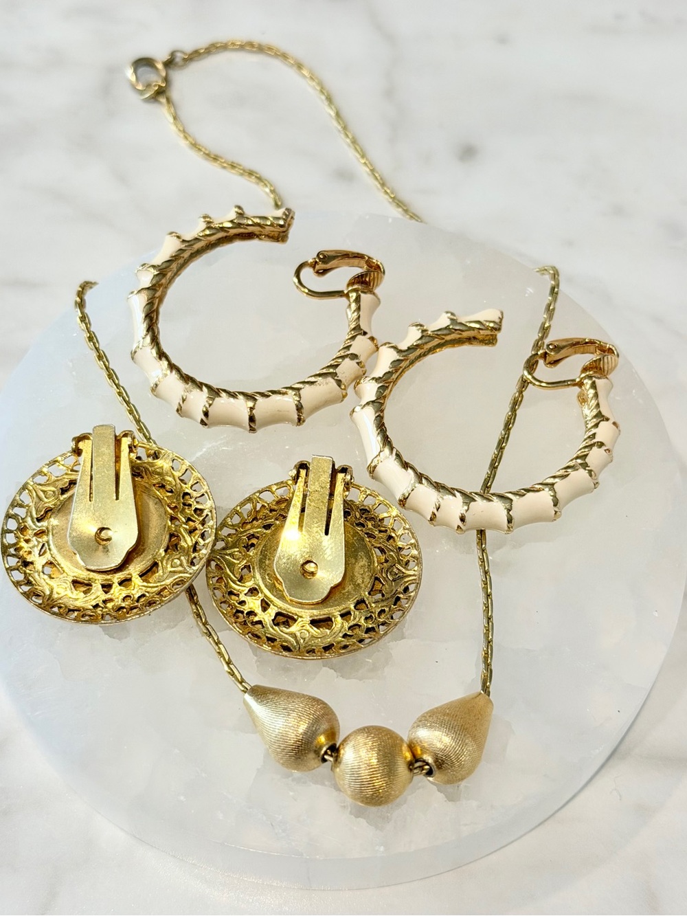 Gold and White Filigree Hoop Earrings and Pendant Necklace Trio - Picture 3 of 4